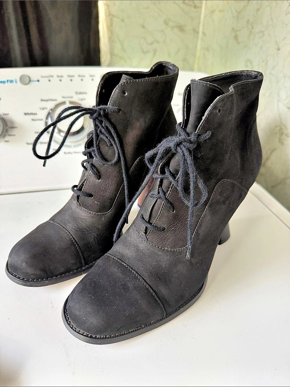 Black Leather granny Boots Lace-Up Heeled Ankle Boots Wild Pair 4” heel 10B